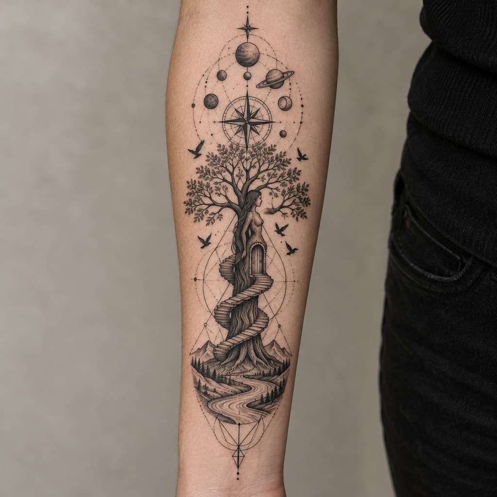 geometric forearm tree tattoo that trunk has shape of a girl and wooden steps going around tree leading to a door, birds, compass, river, planets, lines