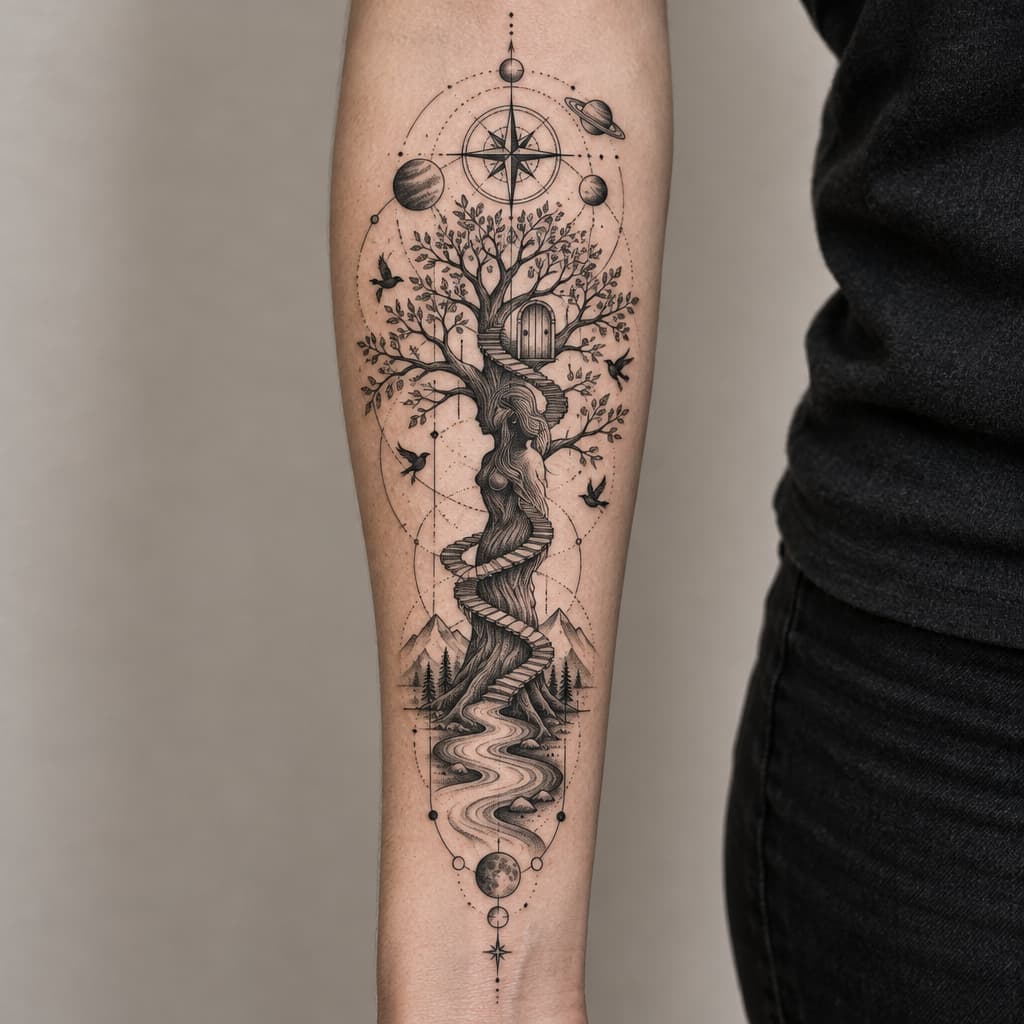 geometric forearm tree tattoo that trunk has shape of a girl and wooden steps going around tree leading to a door, birds, compass, river, planets, lines
