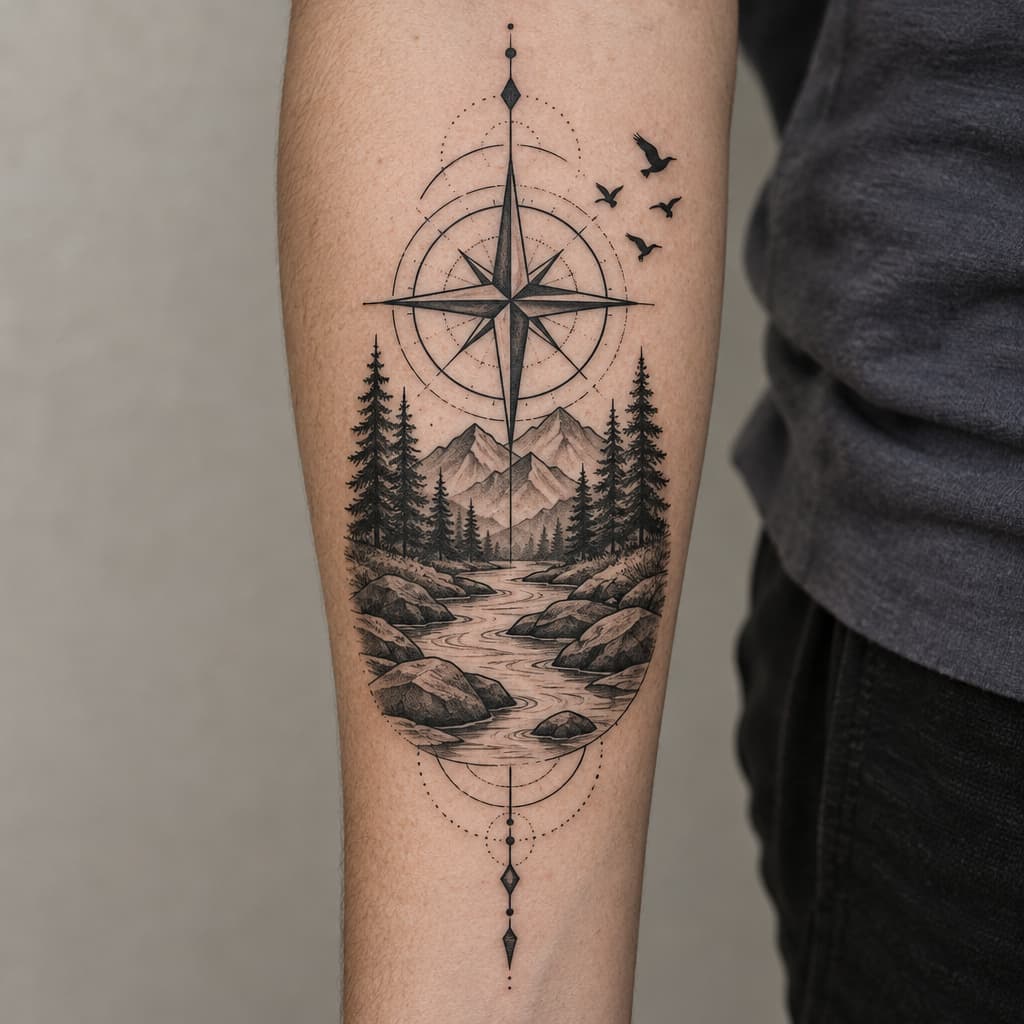 river with rocks, trees, compass,birds