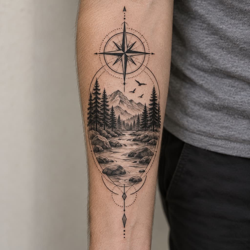 river with rocks, trees, compass,birds
