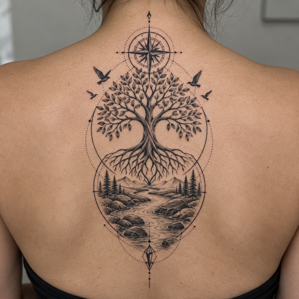 tree of life, river with rocks,
compass,birds