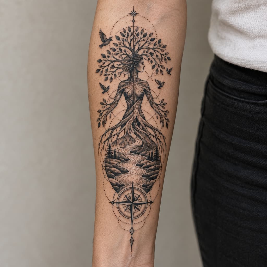 forearm tattoo of tree of life that is shaped like a women, river with rocks,
compass,birds