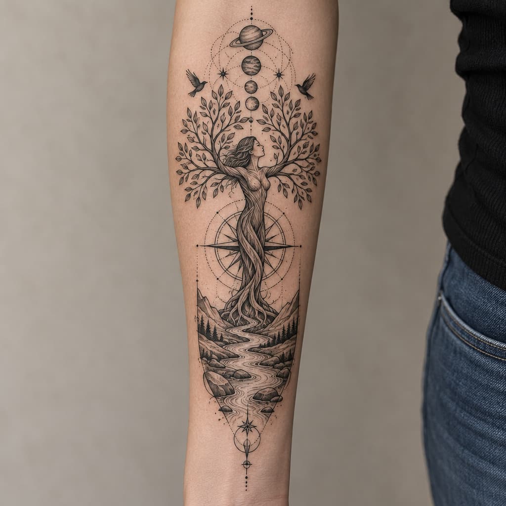 forearm tattoo of tree of life that is shaped like a women, river with rocks,
compass,birds, planets
