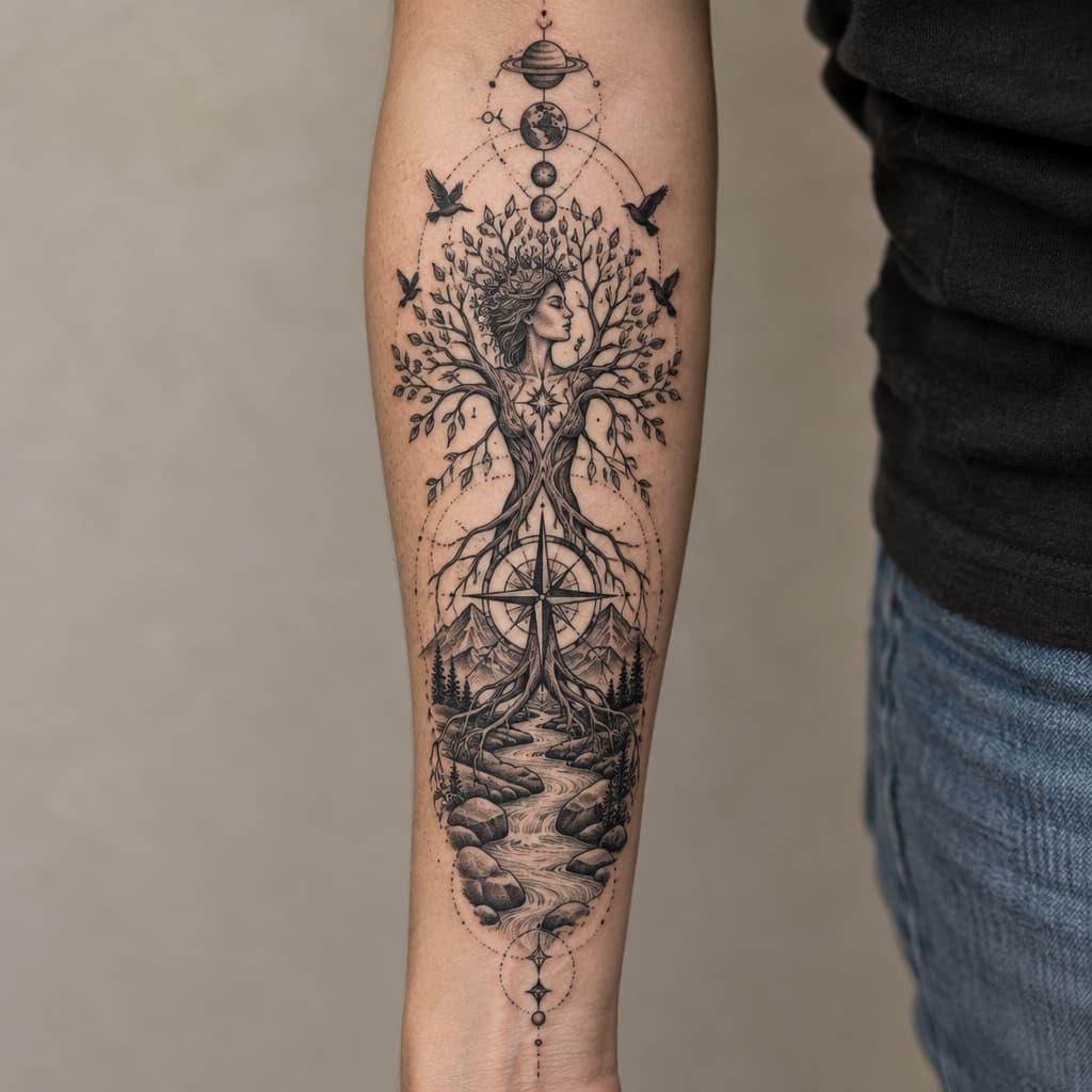 forearm tattoo of tree of life that is shaped like a women, river with rocks,
compass,birds, planets