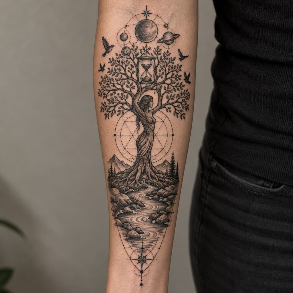 forearm tattoo of tree of life that stock is shaped like a women, river with rocks,birds, planets hour glass in tree
