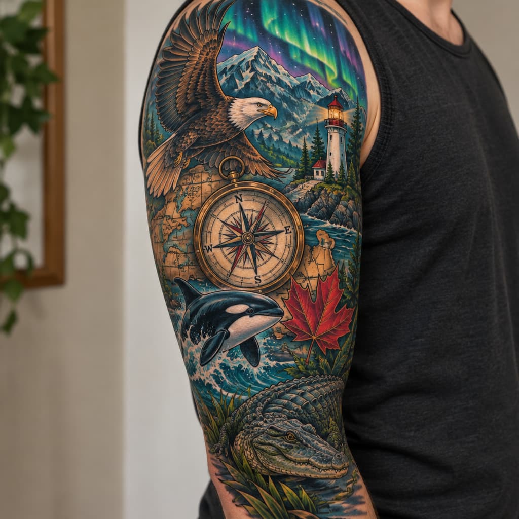 3/4 sleeve with map and compass as focal piece, orca, lighthouse, maple leaf, bald eagle, alligator, mountains, and northern lights