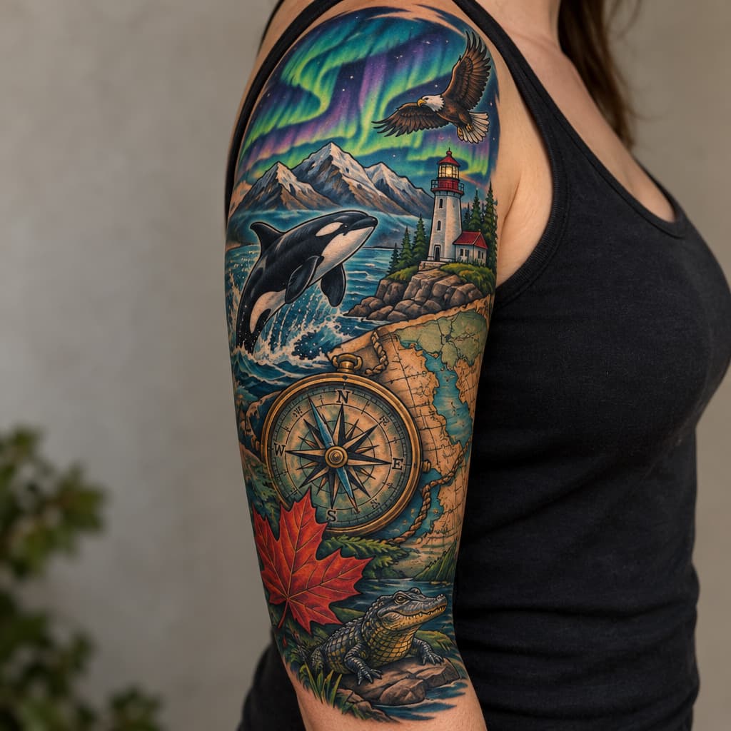 3/4 sleeve with map and compass as focal piece, orca, lighthouse, maple leaf, small flying bald eagle, small alligator, mountains, and northern lights