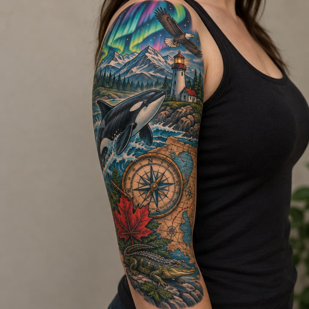 3/4 sleeve with map and compass as focal piece, orca, lighthouse, maple leaf, small flying bald eagle, small alligator, mountains, and northern lights