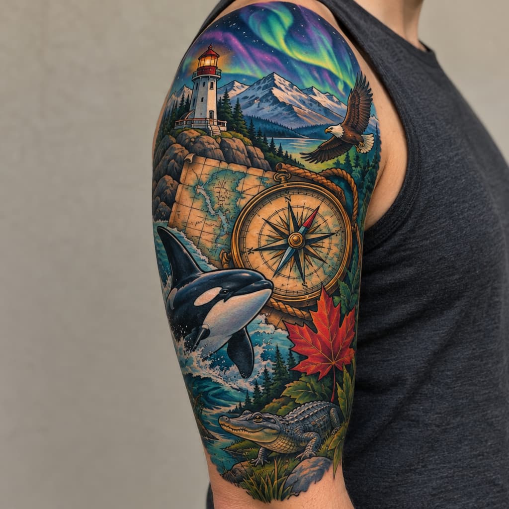 3/4 sleeve with map and compass as focal piece, orca, lighthouse, maple leaf, small flying bald eagle, small alligator, mountains, and northern lights