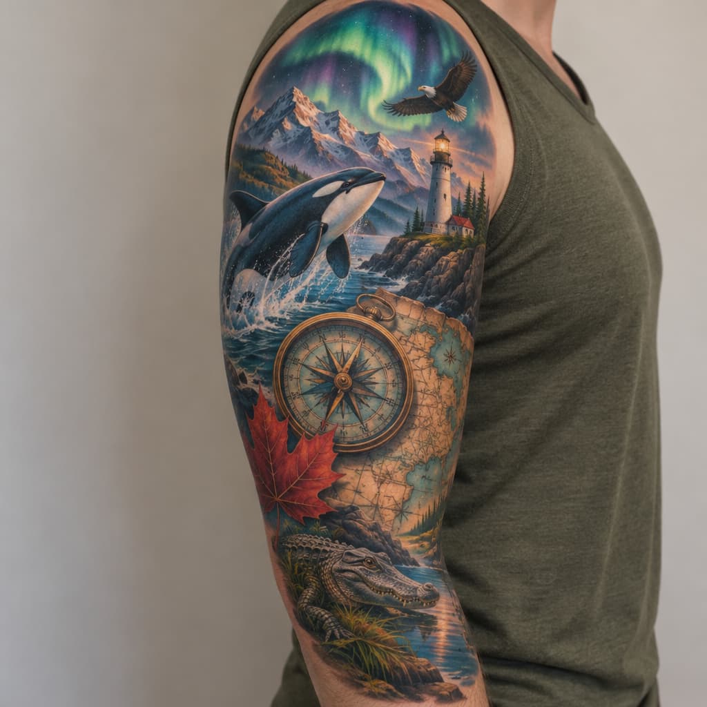 3/4 sleeve with map and compass as focal piece, orca, lighthouse, maple leaf, small flying bald eagle, small alligator, mountains, and northern lights