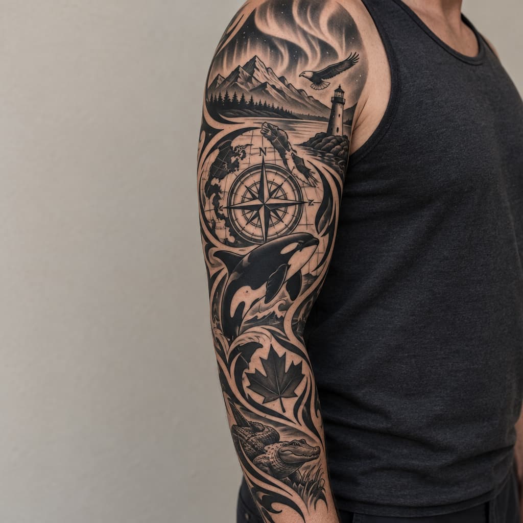 3/4 sleeve with map and compass as focal piece, orca, lighthouse, maple leaf, small flying bald eagle, small alligator, mountains, and northern lights