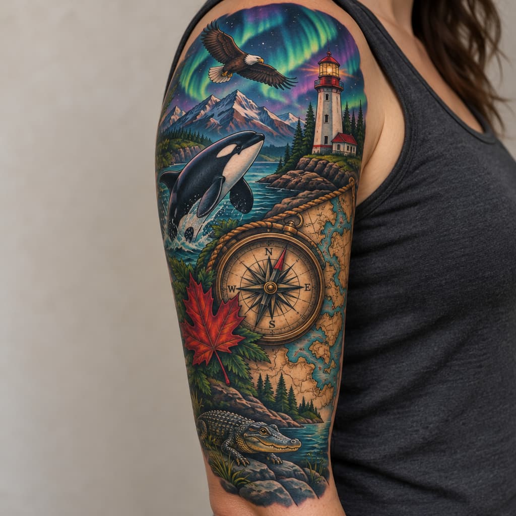 3/4 sleeve with map and compass as focal piece, orca, lighthouse, maple leaf, small flying bald eagle, small alligator, mountains, and northern lights