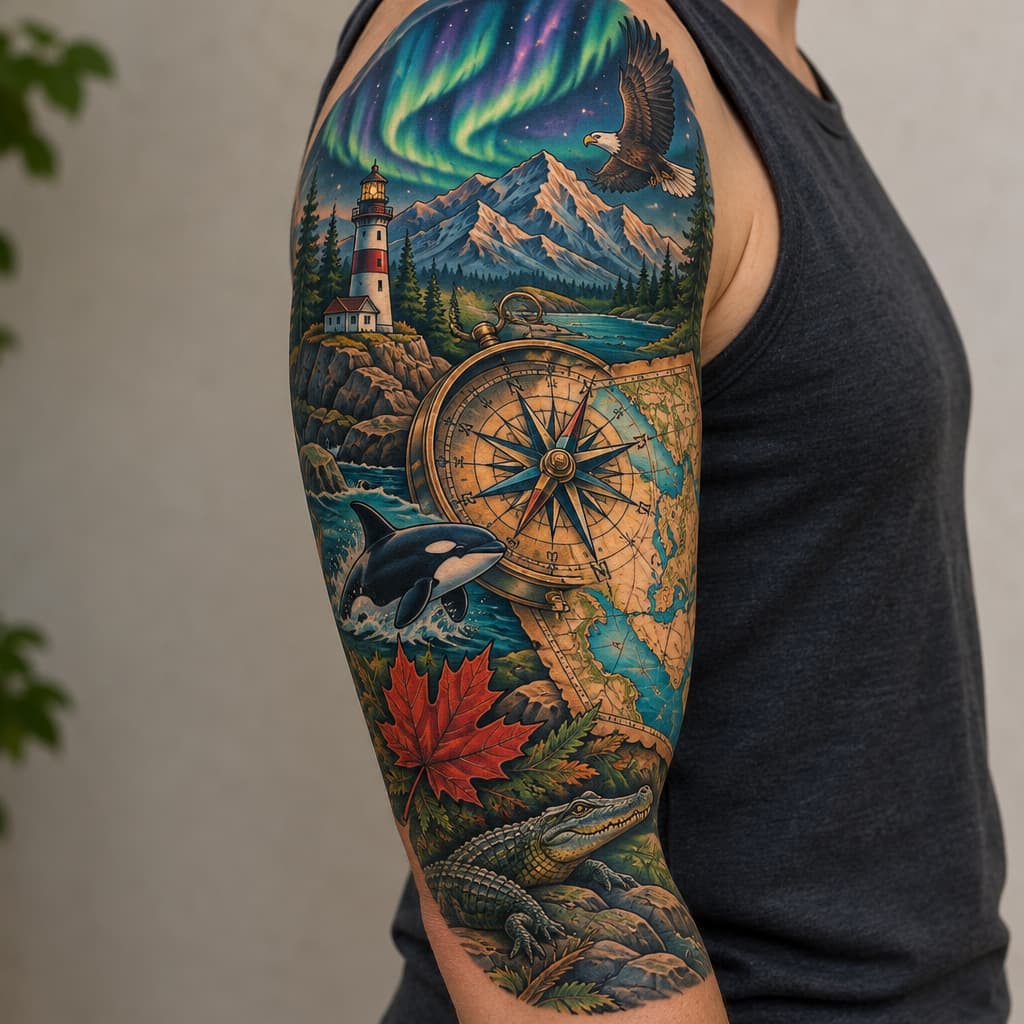 3/4 sleeve with large map and compass as focal piece, small orca, lighthouse, maple leaf, small flying bald eagle, small alligator, mountains, and northern lights