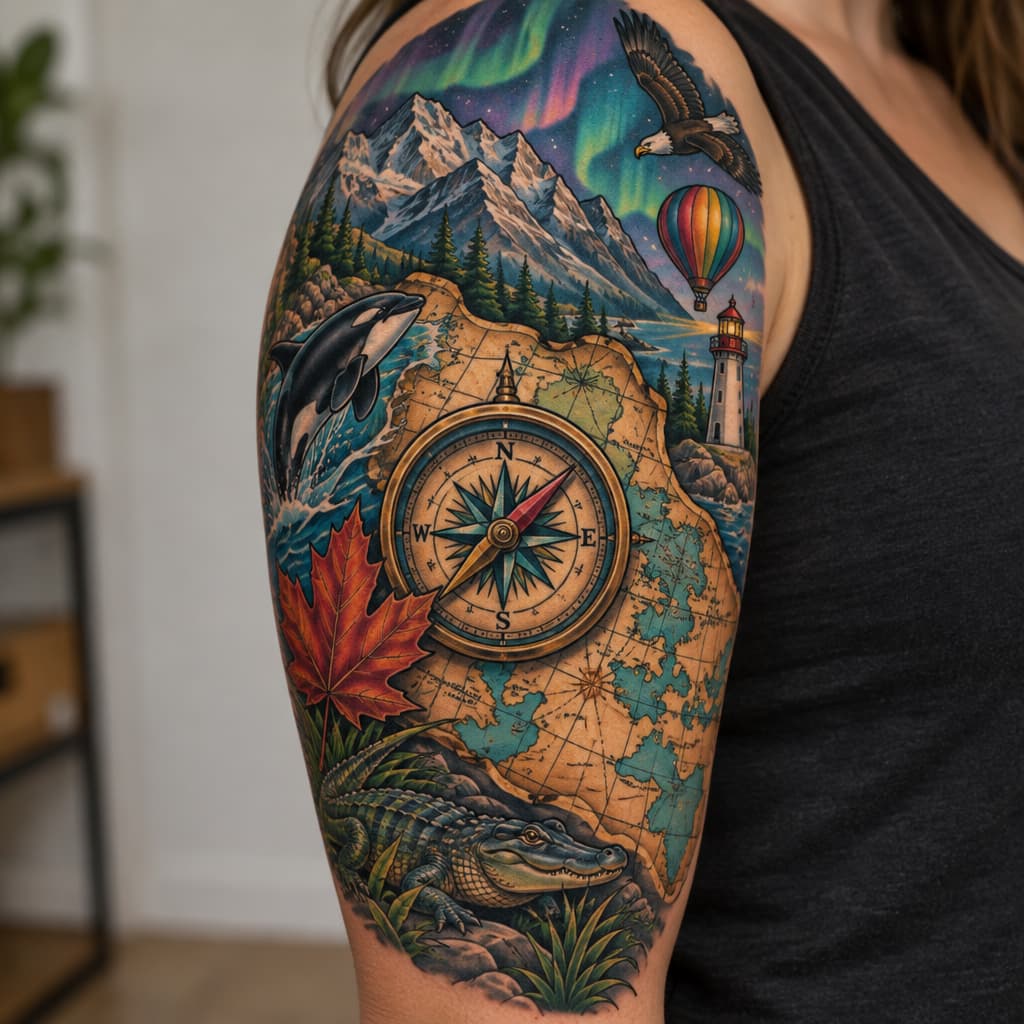 3/4 sleeve with large map and compass as focal piece, small orca, lighthouse, maple leaf, small flying bald eagle, hot air balloon, small alligator, mountains, and northern lights