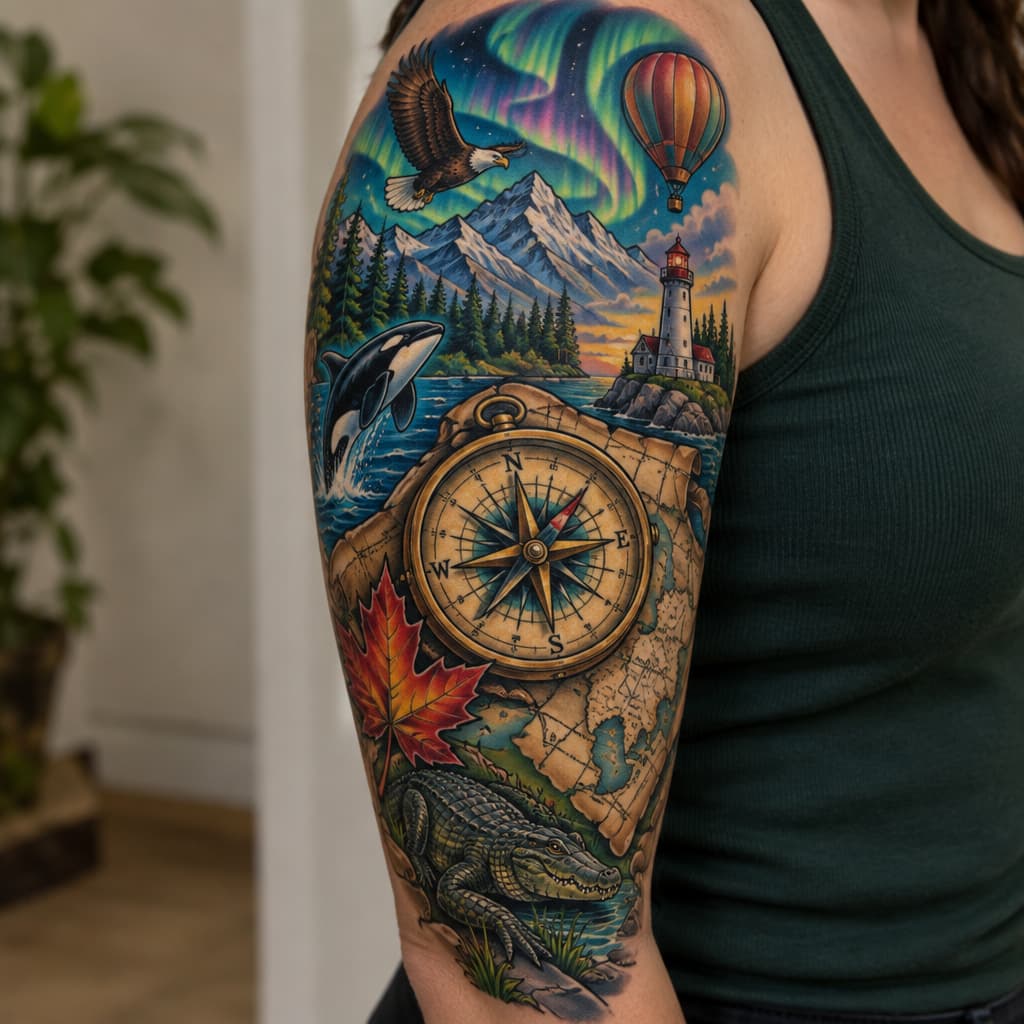 3/4 sleeve with large map and compass as focal piece, small orca, lighthouse, maple leaf, small flying bald eagle, hot air balloon, small alligator, mountains, and northern lights