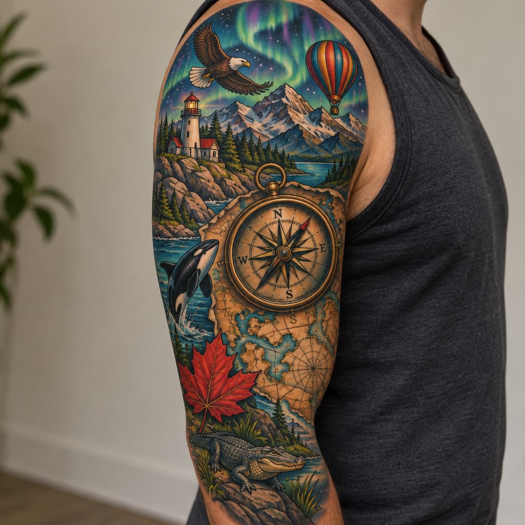 3/4 sleeve masculine with large map and compass as focal piece, small orca, lighthouse, maple leaf, small flying bald eagle, hot air balloon, small alligator, mountains, and northern lights
