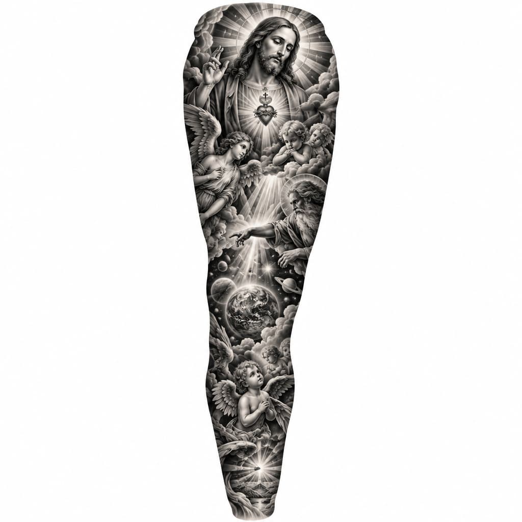 Tutta una gamba su tutti i lati, immagini sacre con Cristo angeli cherubini la creazione fasci di luce