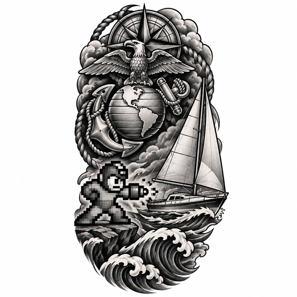 A nautical themed shoulder/quarter sleeve tattoo with a Marine Corps EGA, 8-bit mega man, and a simple 30 foot sailboat