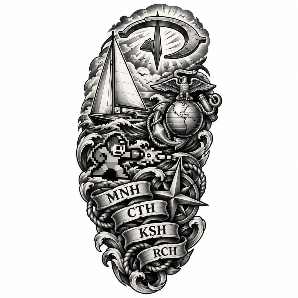 A nautical themed shoulder/quarter sleeve tattoo with a simple 30 foot sailboat, Marine Corps EGA, 8-bit mega man, halo original legendary symbol, the initials "MNH", "CTH", "KSH", and "RCH"