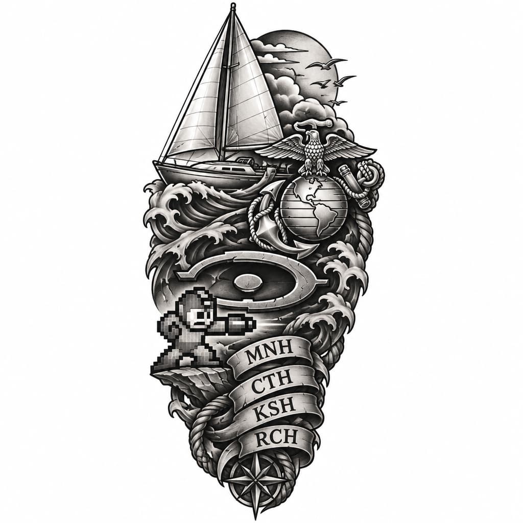 A nautical themed shoulder/quarter sleeve tattoo with a simple 30 foot sailboat, Marine Corps EGA, 8-bit mega man, halo original legendary symbol, the initials "MNH", "CTH", "KSH", and "RCH"