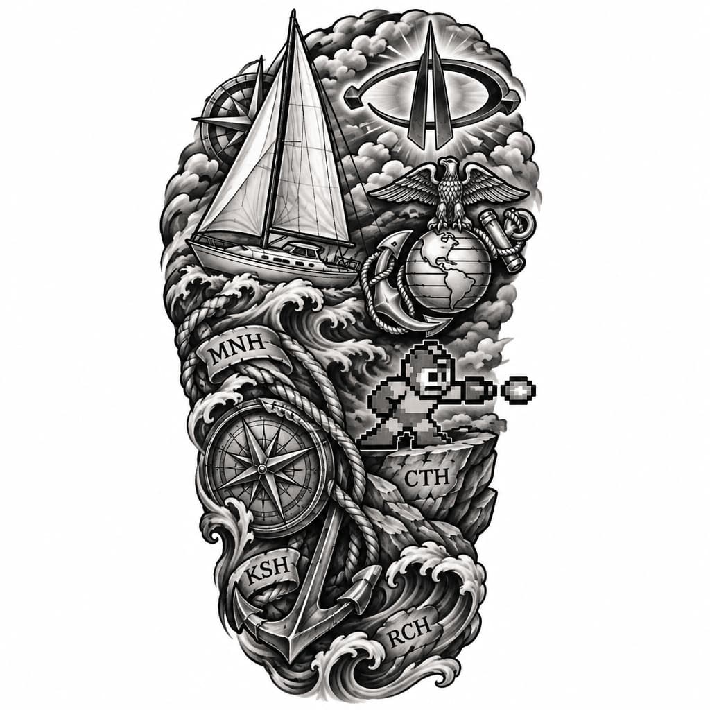 A nautical themed shoulder/quarter sleeve tattoo with a simple 30 foot sailboat, Marine Corps EGA, 8-bit mega man, halo original legendary symbol, the initials "MNH", "CTH", "KSH", and "RCH" hidden randomly