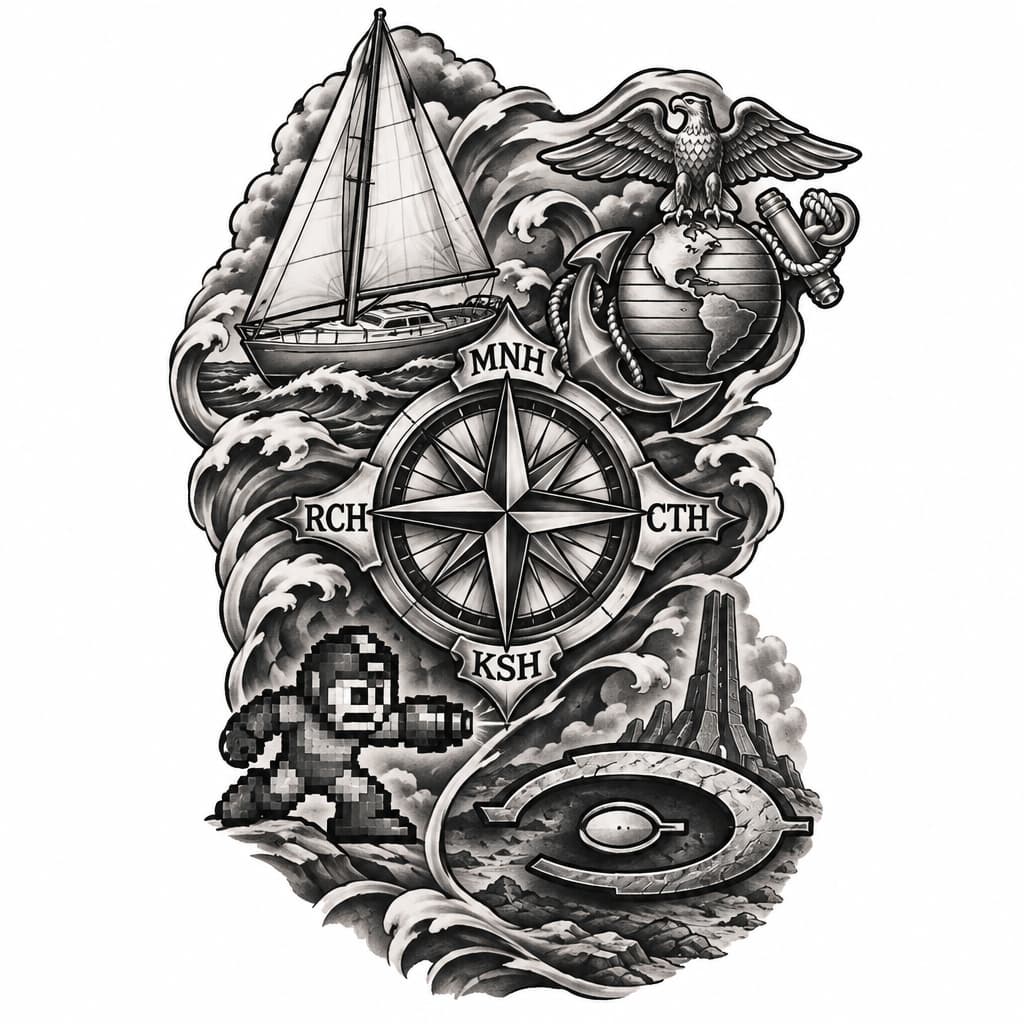 A Nautical Themed Shoulder/quarter Sleeve Tattoo With A Simple 30 Foot sailboat, Marine Corps EGA, 8-bit mega man, the initials "MNH"/"CTH"/"KSH"/"RCH" as the 4 points of the map compass, and the halo legendary symbol
