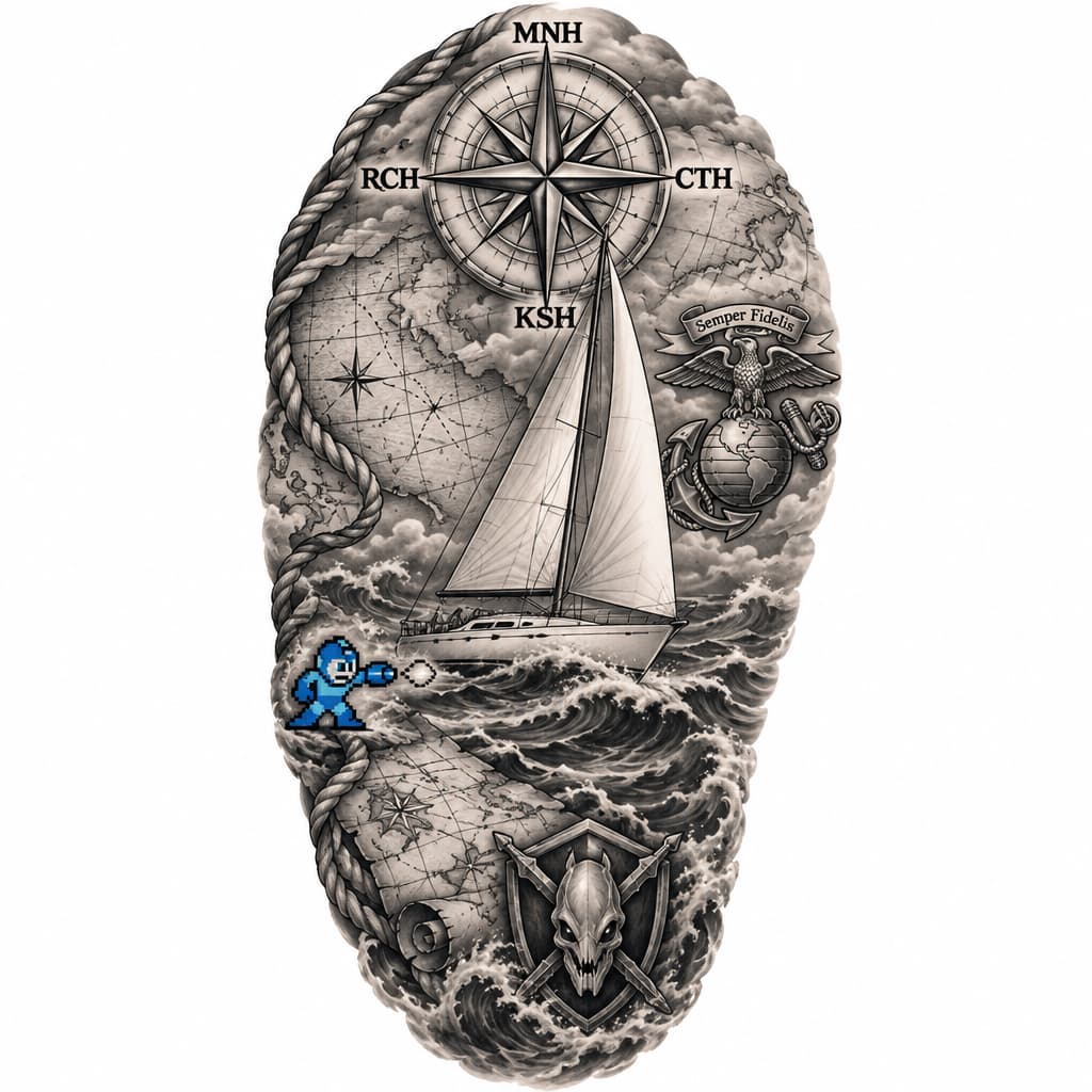 A nautical-themed shoulder and upper-arm quarter-sleeve tattoo design in black-and-grey realism, with smooth shading, fine linework and soft smoke and water fill. It should match the style of the reference image with the compass rose, map and anchor.
Centerpiece: a simple 30-foot single-mast sloop sailboat sailing on rolling ocean waves. It has a white hull, a tall mainsail and a large foresail (jib), copied from the sailboat reference photo. Use clean, minimal detail.
Compass: a detailed nautical compass rose sits behind the sailboat over the cap of the shoulder. The four cardinal points are labeled with initials instead of N, E, S and W: "MNH" at the top, "CTH" on the right, "KSH" at the bottom and "RCH" on the left. Use bold, clean, readable serif lettering.
Marine Corps emblem: the Eagle, Globe and Anchor, true to the reference. Show the eagle with spread wings, the "Semper Fidelis" banner, the globe and the fouled anchor wrapped in rope. Place it on the front of the shoulder or upper chest side, blending into the waves.
Halo Legendary icon: the Halo 3 Legendary difficulty skull (an elongated alien-style skull with two crossed swords behind it on a shield shape). Make it small and placed near the bottom of the sleeve, partly in the water.
Mega Man: the classic 8-bit NES Mega Man sprite in his arm-cannon firing pose. Keep crisp pixel-art blocks and use the only color in the design (bright blue), as a fun accent. Place him on the back of the arm, as if he's riding the waves or standing on the map scroll.
Background filler: an aged nautical map with faint latitude and longitude lines, rope, light clouds and sea spray. Everything should connect so it reads as one cohesive piece rather than separate stickers.