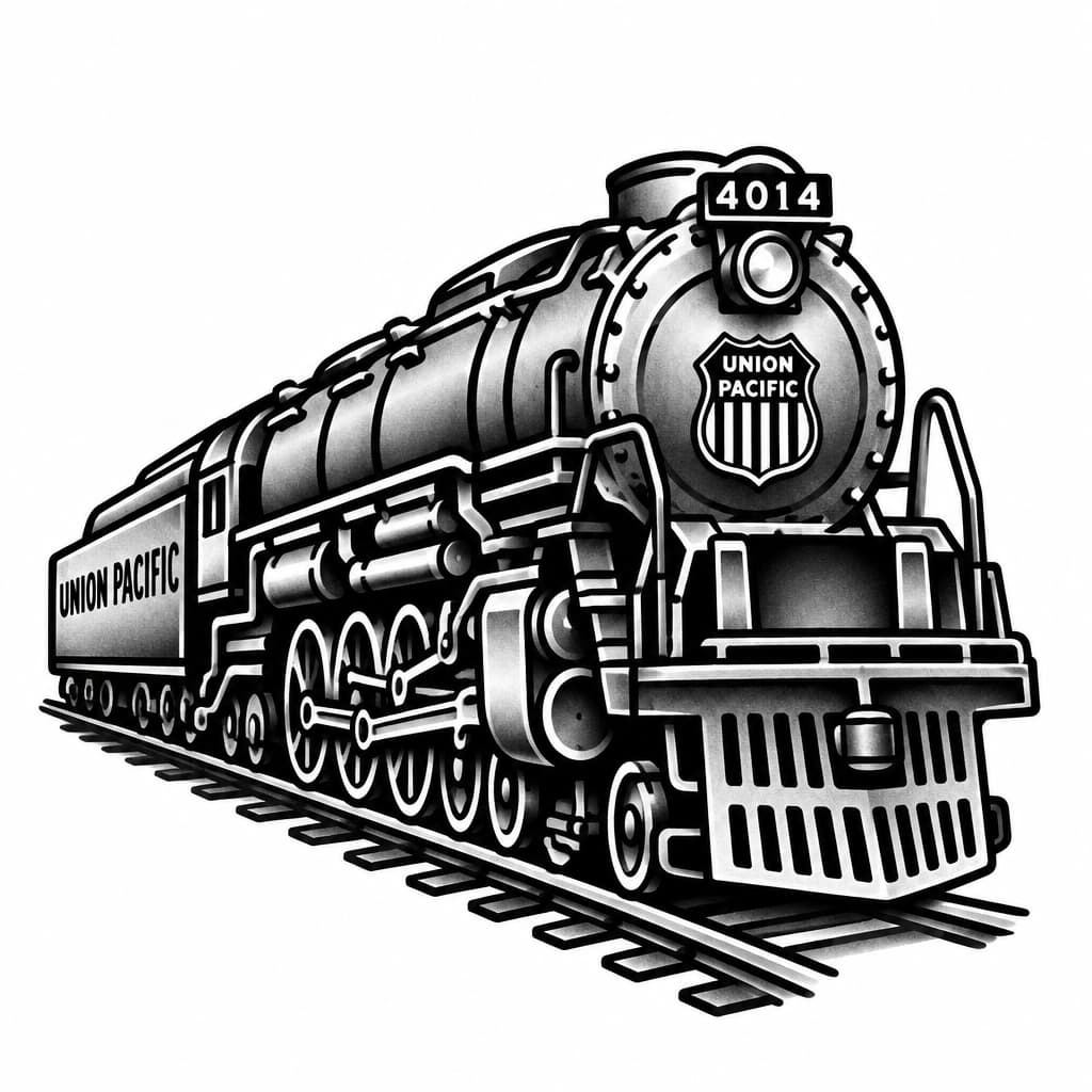 black and gray american traditional style union pacific big boy locomotive on tracks, bold lines