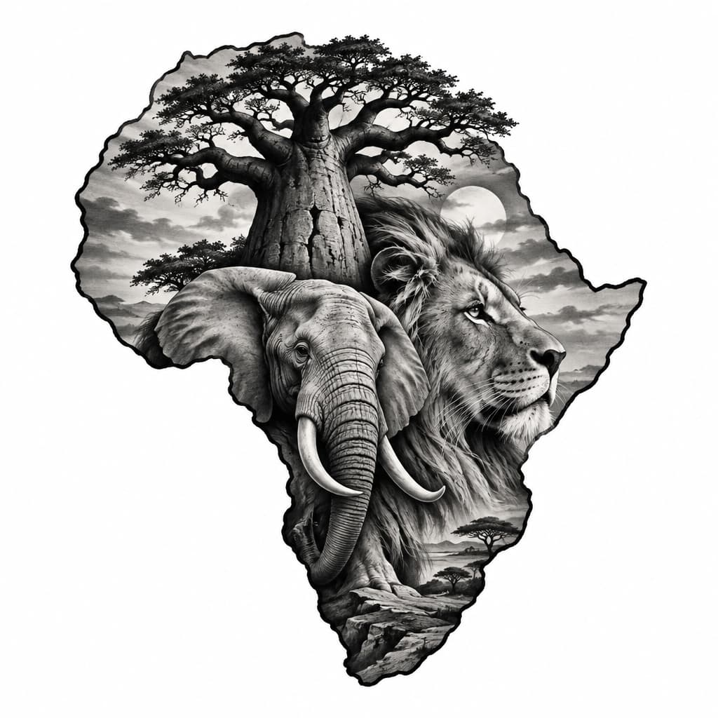 Elephant, lion and boabab tree within the boundaries of the outline of Africa