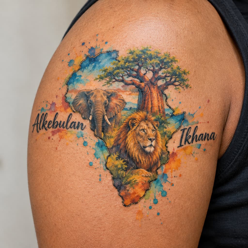 Africa outline with elephant, lion and boabab tree within the boundaries of the outline also on the left the word Alkebulan and on the right the word Ikhana