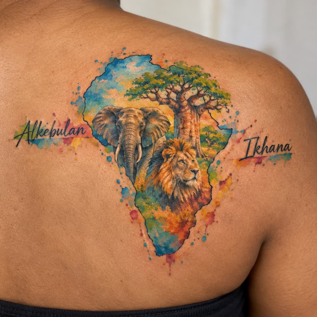 Africa outline with elephant, lion and boabab tree within the boundaries of the outline also on the left the word Alkebulan and on the right the word Ikhana