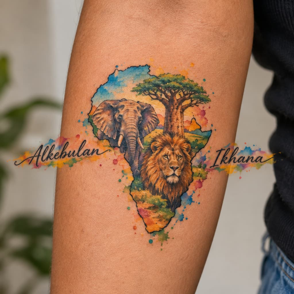 Africa outline with elephant, lion and boabab tree within the boundaries of the outline also on the left the word Alkebulan and on the right the word Ikhana write horizontally in cursive