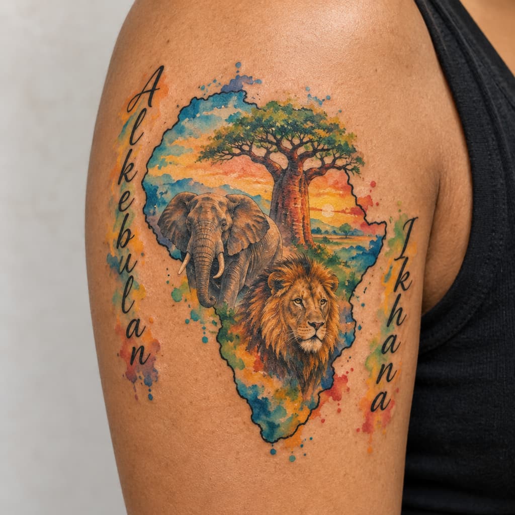Africa outline with elephant, lion and boabab tree within the boundaries of the outline also on the left the word Alkebulan and on the right the word Ikhana from top to bottom in cursive