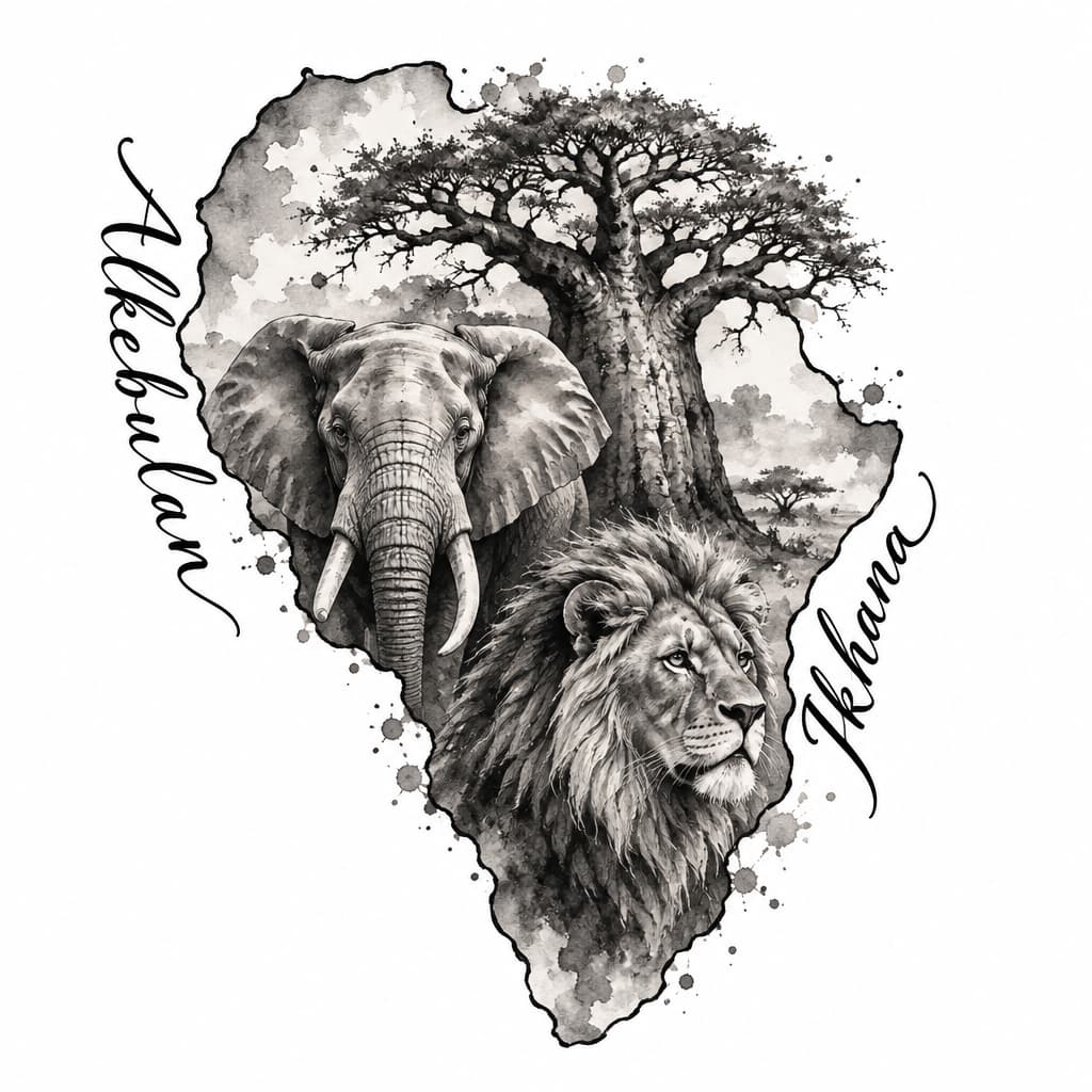 Elephant, lion and boabab tree within the boundaries of the outline of Africa, with the words Alkebulan on the left and Ikhana on the right from top to bottom in cursive