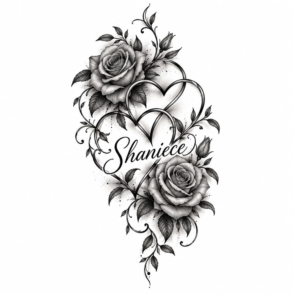 Fine-line blackwork interlocking hearts entwined with realistic crimson roses, soft watercolor wash, dotwork shading, ornamental vine framing 'Shaniece'