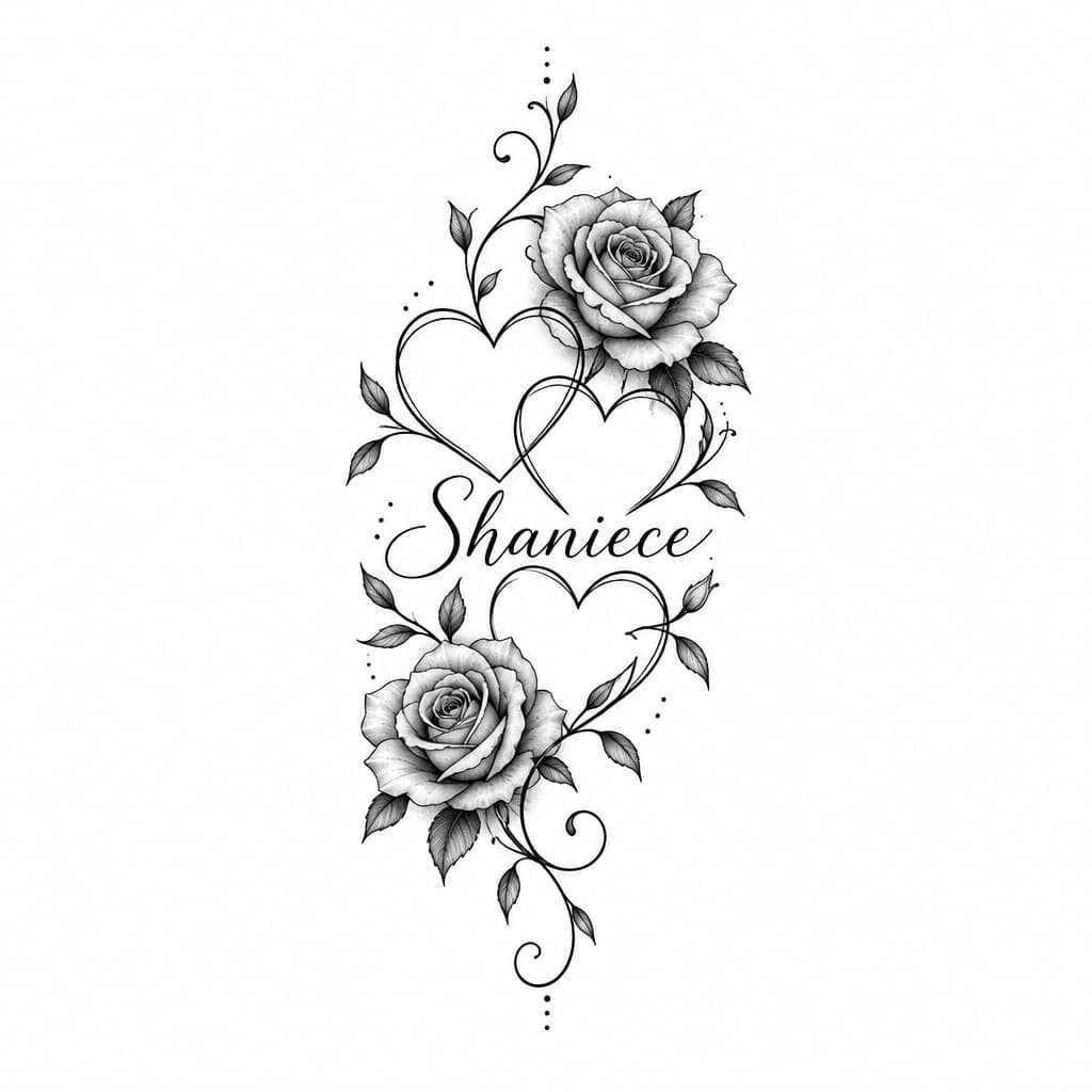 Fine-line blackwork interlocking hearts entwined with realistic crimson roses, soft watercolor wash, dotwork shading, ornamental vine framing 'Shaniece'