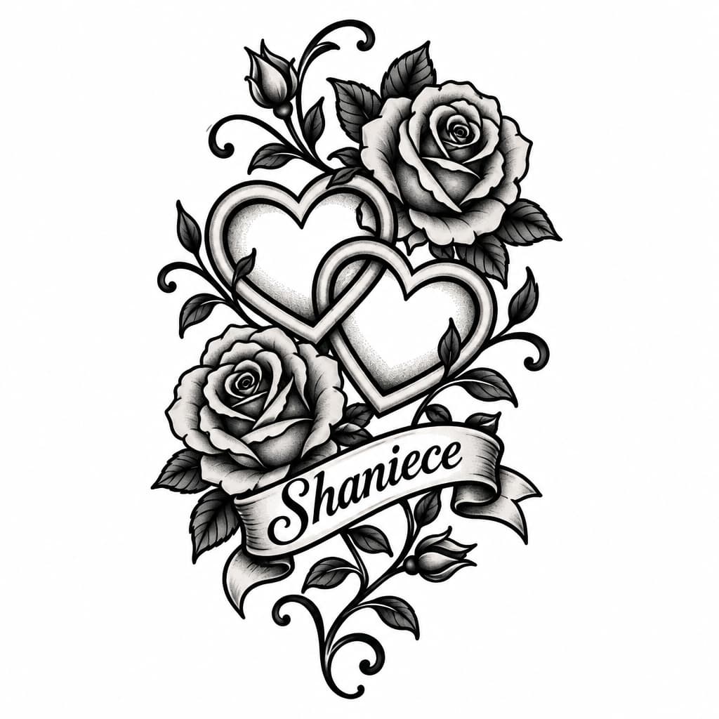 Fine-line blackwork interlocking hearts entwined with realistic crimson roses, soft watercolor wash, dotwork shading, ornamental vine framing 'Shaniece'