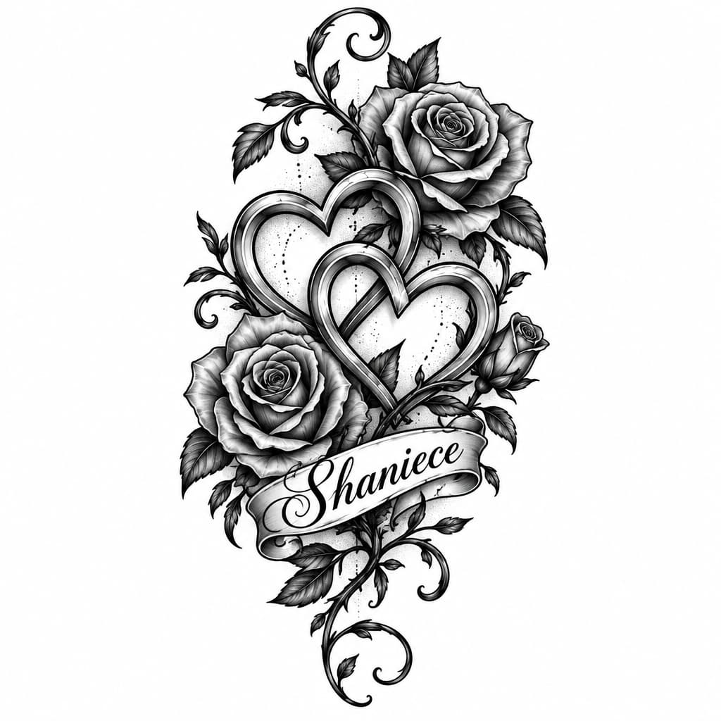 Fine-line blackwork interlocking hearts entwined with realistic crimson roses, soft watercolor wash, dotwork shading, ornamental vine framing 'Shaniece'