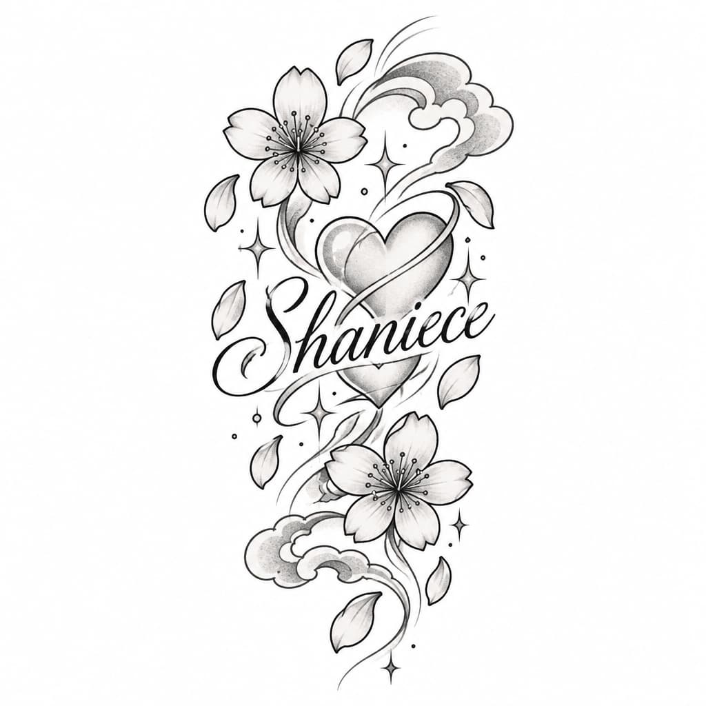 Delicate anime-style love tattoo: heart, sakura petals & sparkles entwined around cursive Shaniece; fine-line, pastel pinks, soft shading, wrist-sized