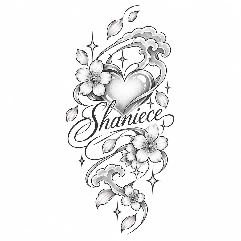 Delicate anime-style love tattoo: heart, sakura petals & sparkles entwined around cursive Shaniece; fine-line, pastel pinks, soft shading, wrist-sized