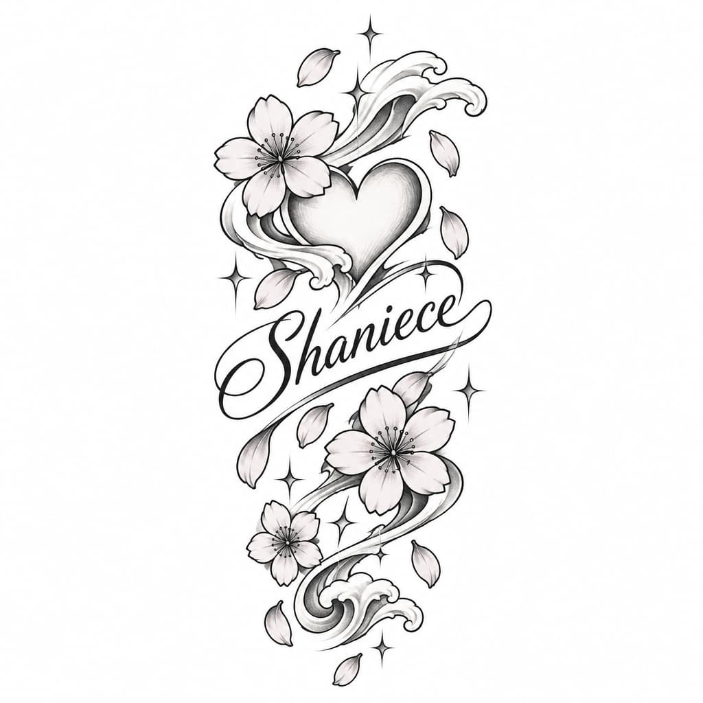 Delicate anime-style love tattoo: heart, sakura petals & sparkles entwined around cursive Shaniece; fine-line, pastel pinks, soft shading, wrist-sized