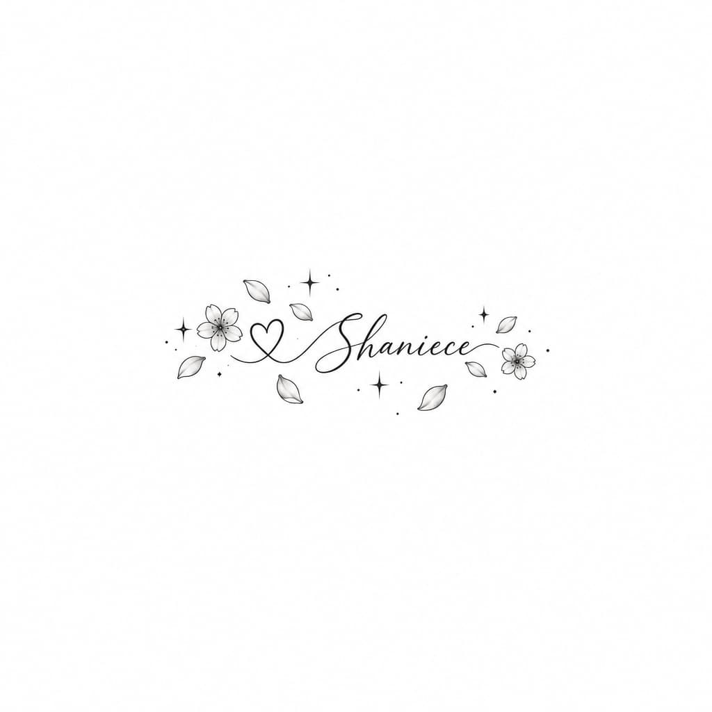 Delicate anime wrist tattoo: tiny heart entwined with falling sakura petals & sparkles around cursive Shaniece; fine-line, pastel pinks, soft shading.