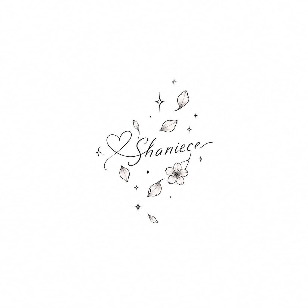 Delicate anime wrist tattoo: tiny heart entwined with falling sakura petals & sparkles around cursive Shaniece; fine-line, pastel pinks, soft shading.