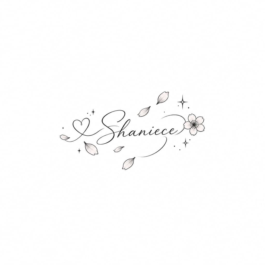 Delicate anime wrist tattoo: tiny heart entwined with falling sakura petals & sparkles around cursive Shaniece; fine-line, pastel pinks, soft shading.