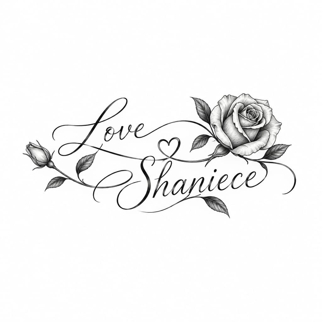 Delicate fine-line Love script entwined with name Shaniece, small heart & rose accents, black ink, minimal elegant, wrist/collarbone, 2-3