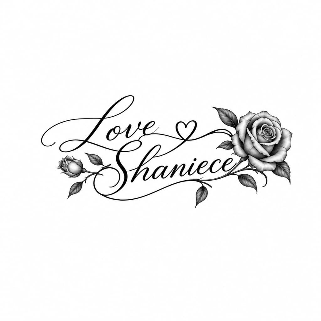 Delicate fine-line Love script entwined with name Shaniece, small heart & rose accents, black ink, minimal elegant, wrist/collarbone, 2-3