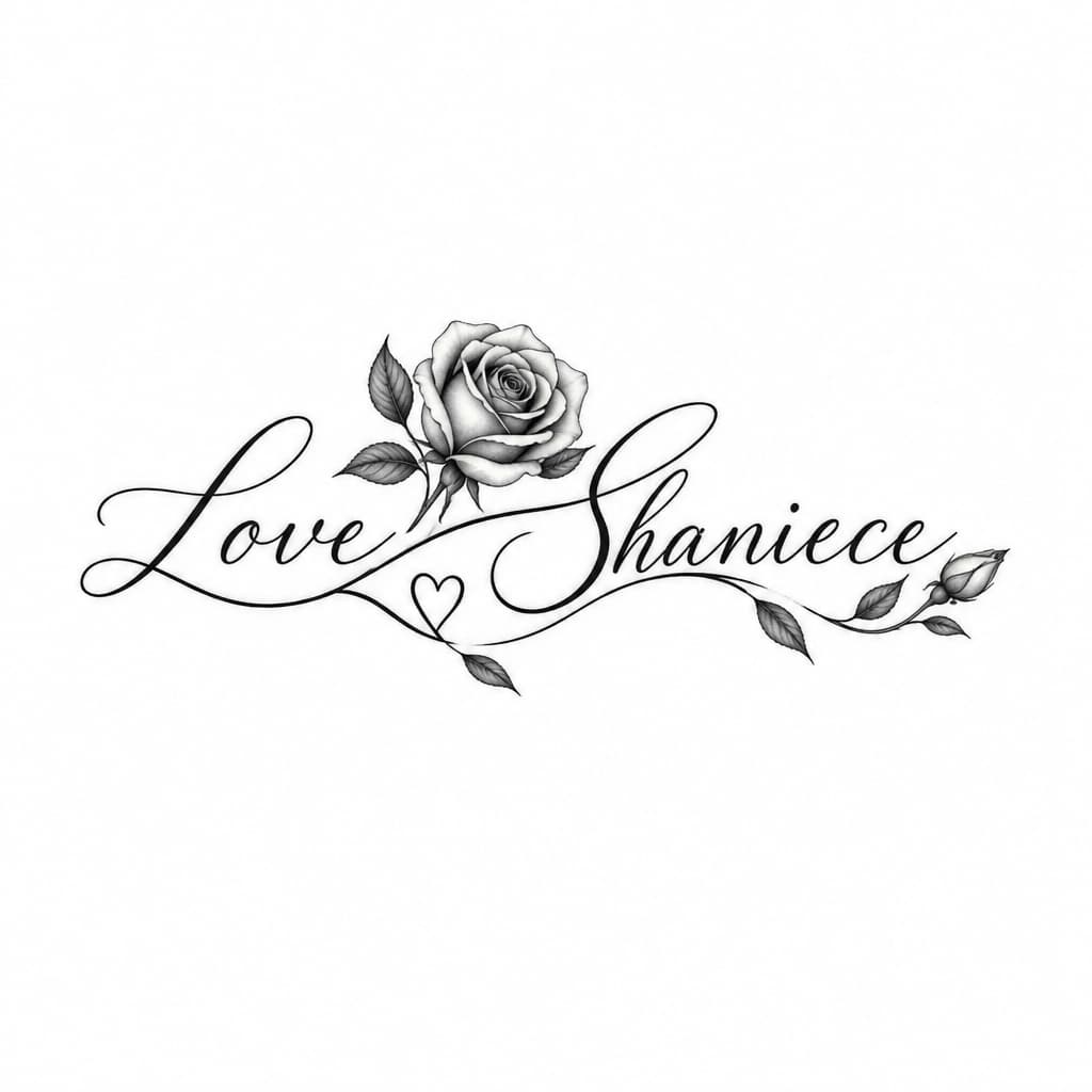 Delicate fine-line Love script entwined with name Shaniece, small heart & rose accents, black ink, minimal elegant, wrist/collarbone, 2-3