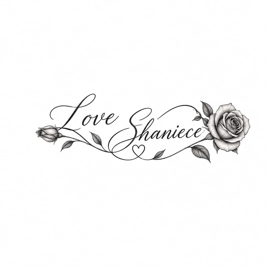 Delicate fine-line Love script entwined with name Shaniece, small heart & rose accents, black ink, minimal elegant, wrist/collarbone, 2-3