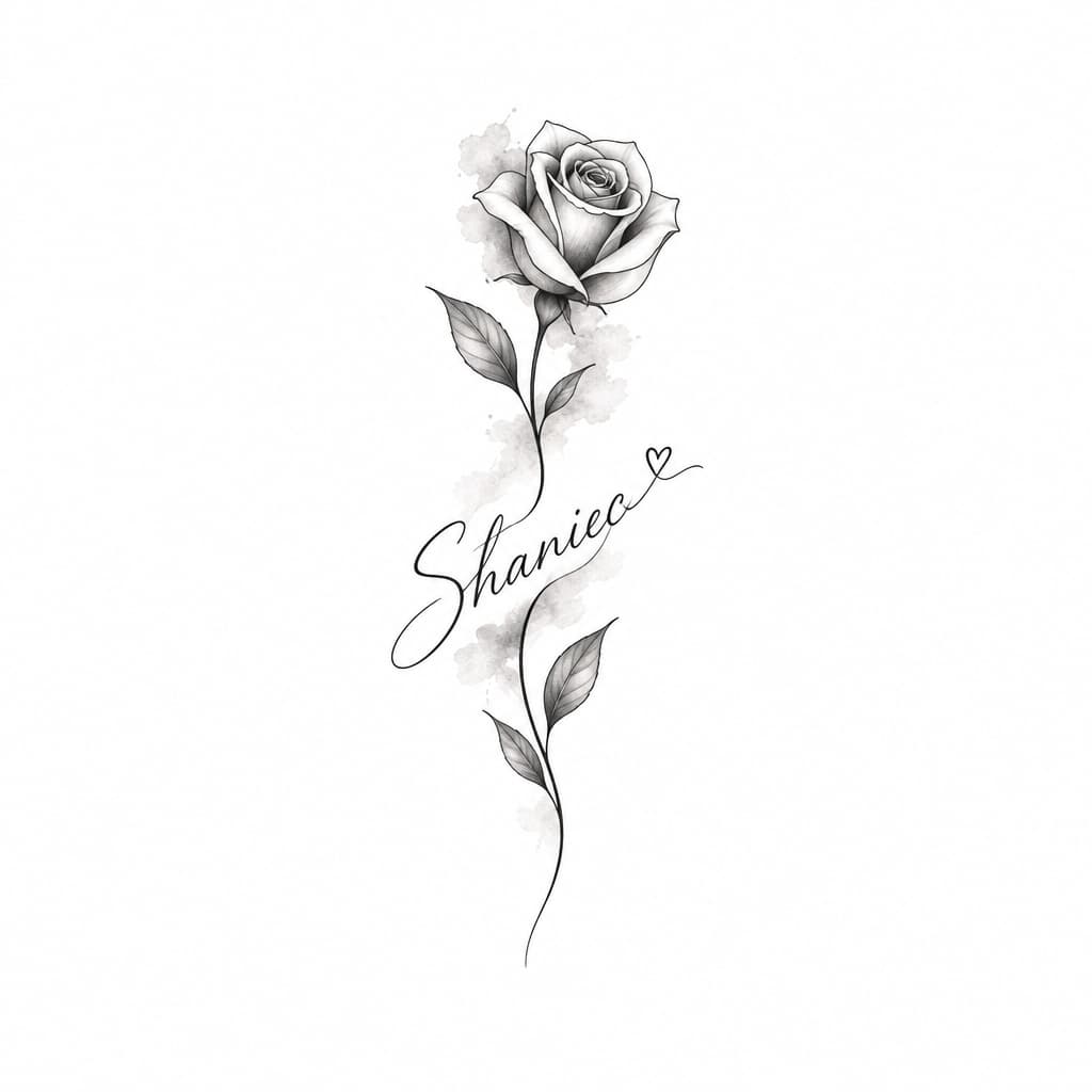 Shaniece in elegant cursive with tiny heart, single-line rose, subtle watercolor blush, fine-line blackwork, wrist-sized, delicate romantic tattoo
