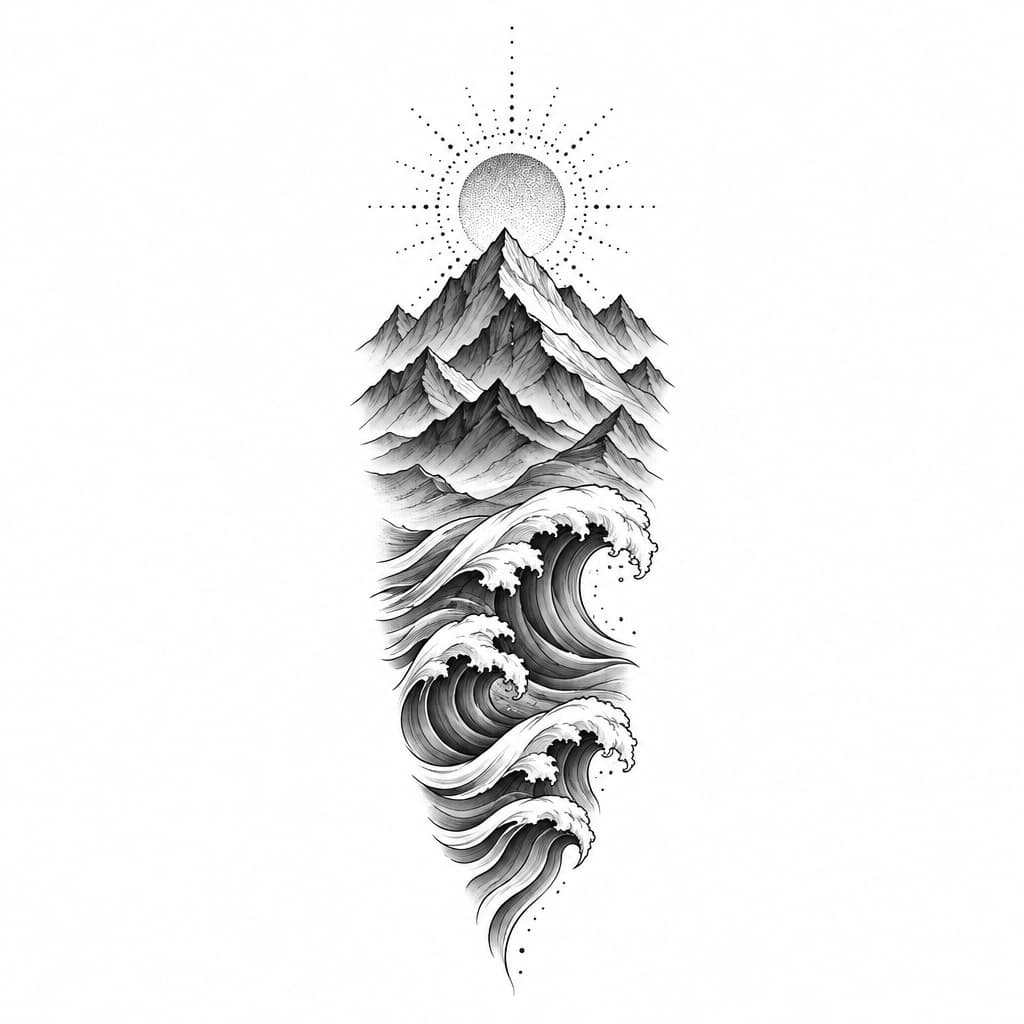 Fine-line blackwork mountain range morphing into stylized ocean waves, dotwork sun, minimal negative space, wrist/forearm, high contrast
